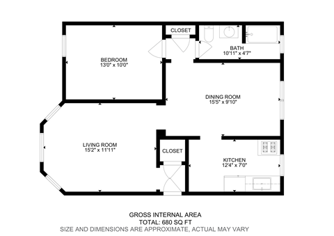 Floor plan for 1 bed, 1 bath, 750 sqft